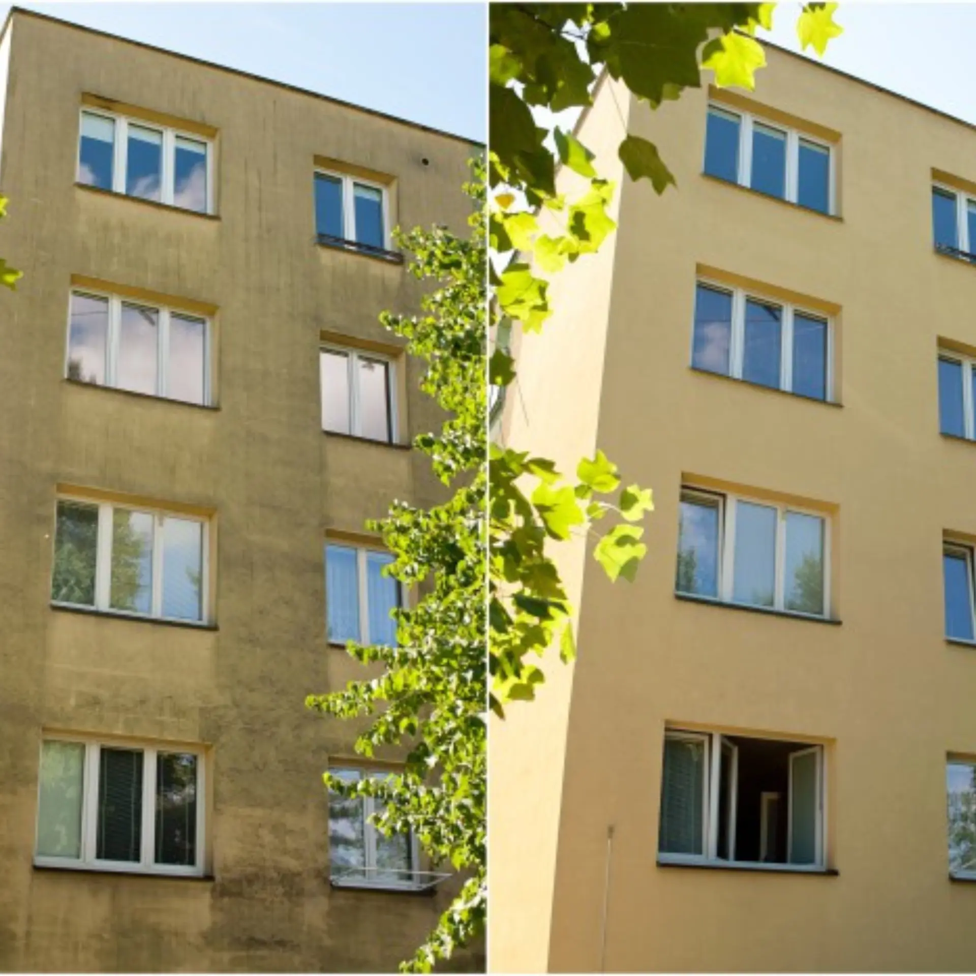 Bytový dům před a po čištění fasády metodou Soft Wash