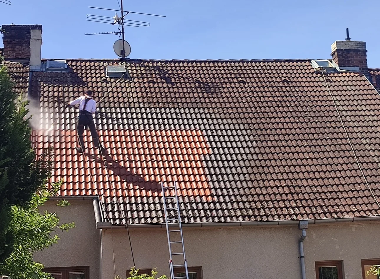 Průběh čištění silně znečištěné střechy rodinného domu