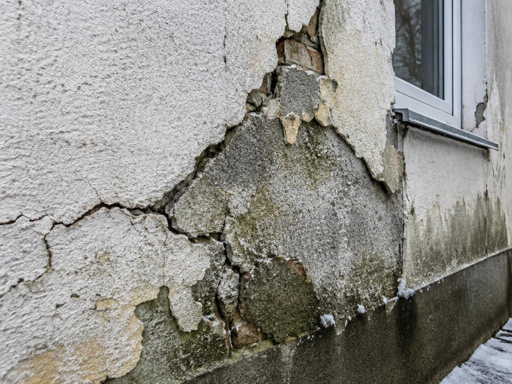 Popraskaná omítka poškozená vlhkostí a mrazem